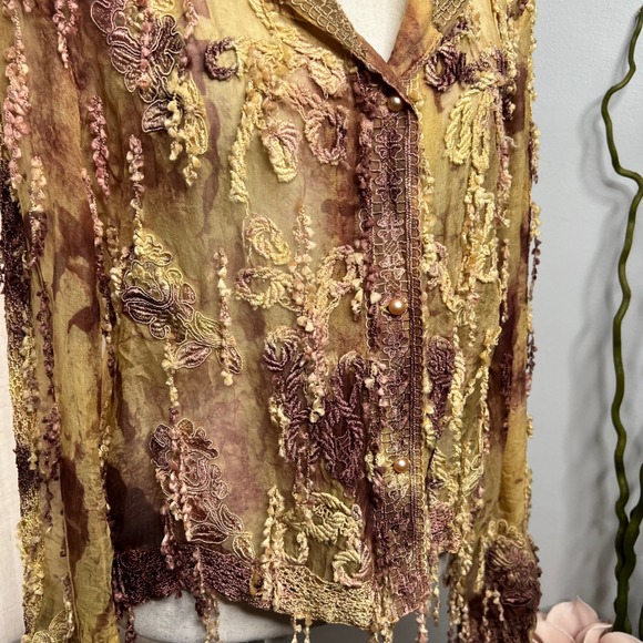 Sandy Starkman Tassle Applique Blouse Button Front Women's Size Medium Brown/Tan - Picture 5 of 9